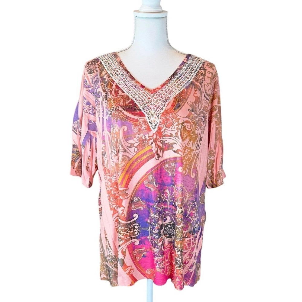 Susan Lawrence Paisley Tunic Crochet V-Neck Boho Pink Purple Plus Size 1X
